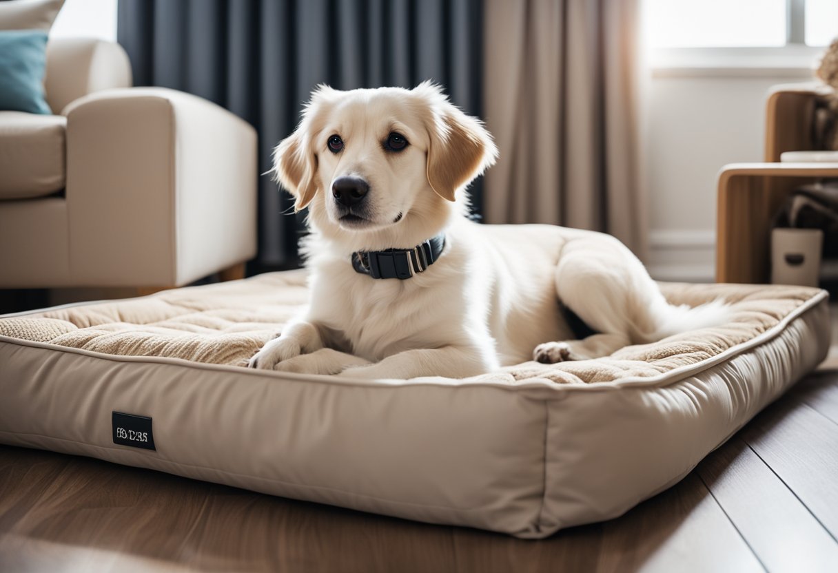 A dog lounges on a plush, washable bed, surrounded by toys and a water bowl. The bed is spacious and comfortable, with a removable cover for easy cleaning