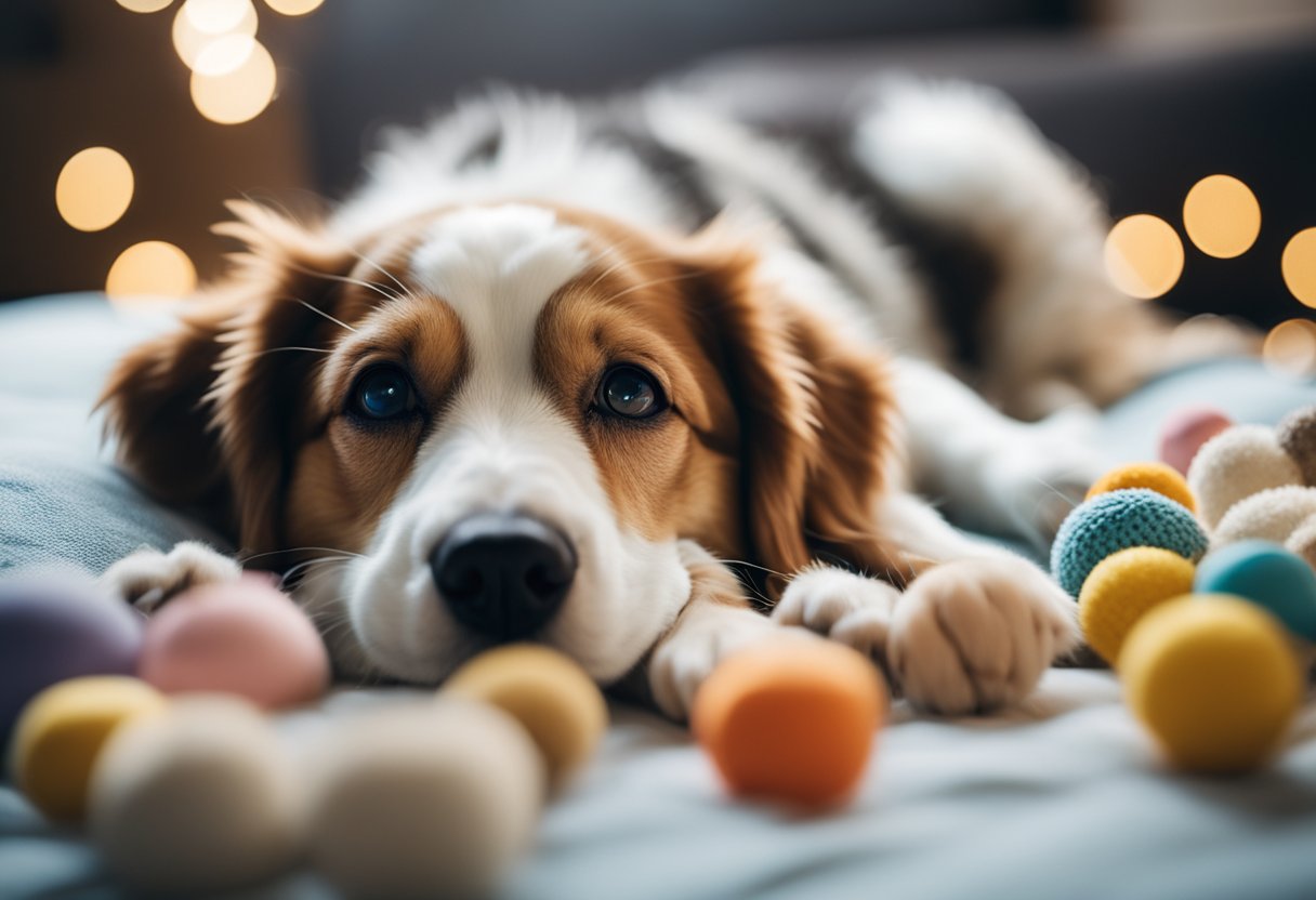 A happy dog lounges on a clean, washable bed, surrounded by toys and enjoying a peaceful nap