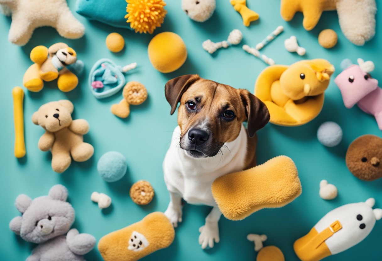 A dog lounges on a plush, washable bed, surrounded by toys and treats. The bed is easy to clean, with a removable cover and durable material