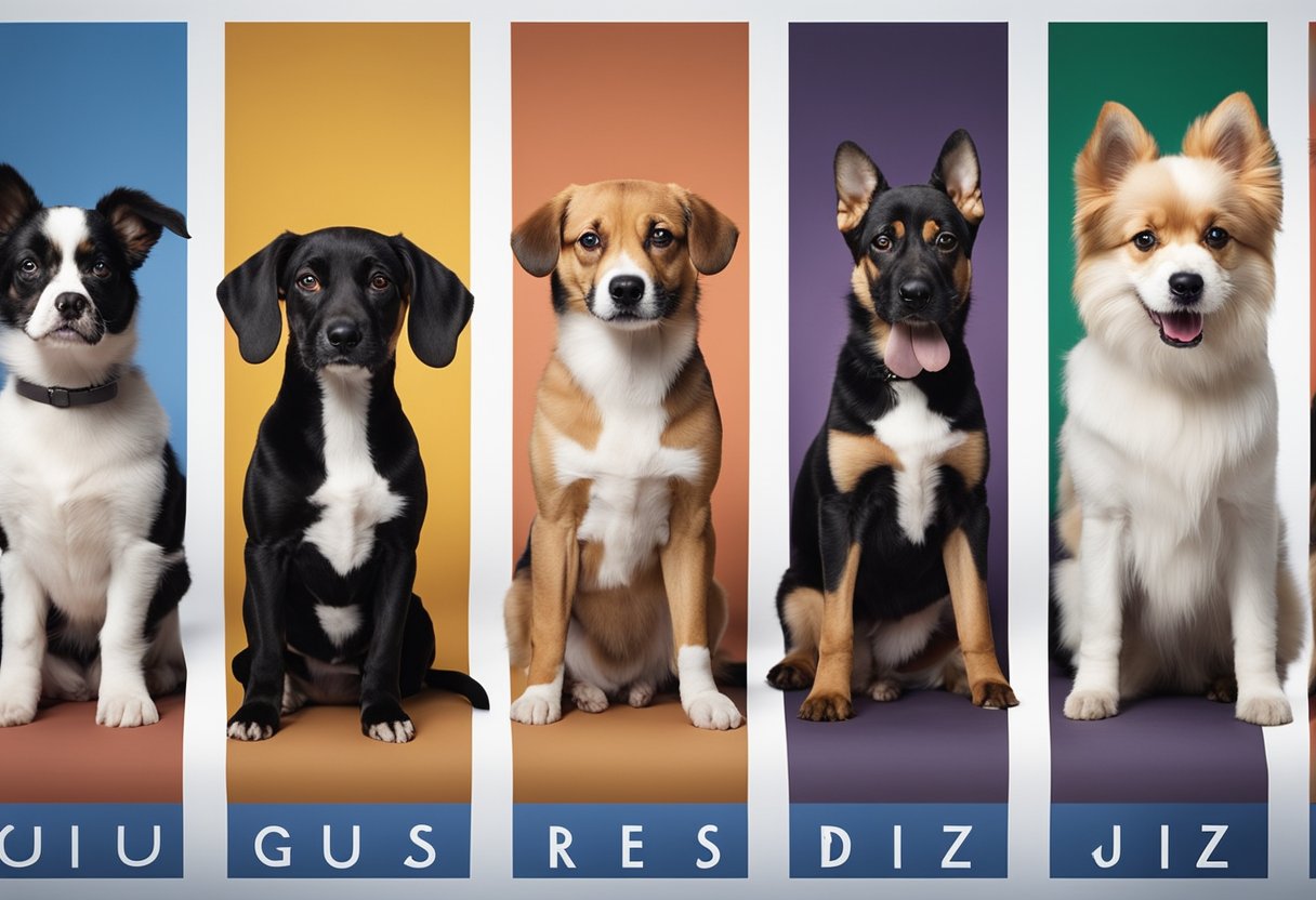 A group of dogs of various breeds sitting in a row, with a quiz board in the background displaying the words "Guess the Dog Breed Quiz."