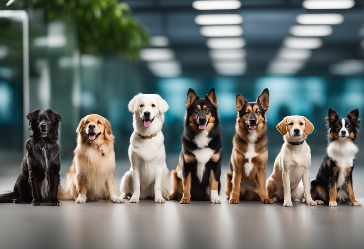 Dogs of various breeds stand in a row. A sign reads "Guess the Dog Breed Quiz." People point and discuss