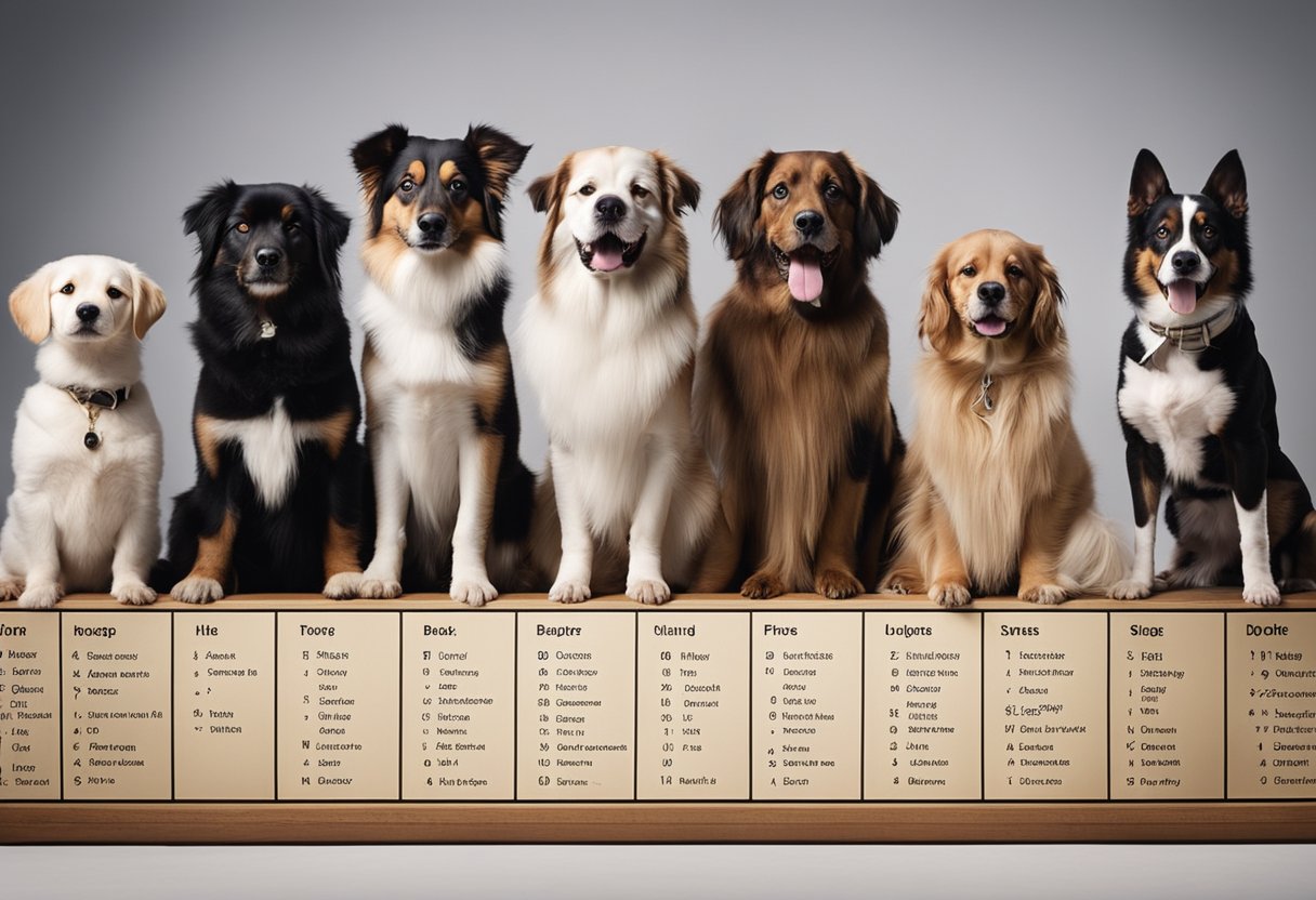 A group of various dog breeds sitting together, with a quiz board displaying breed names and question marks