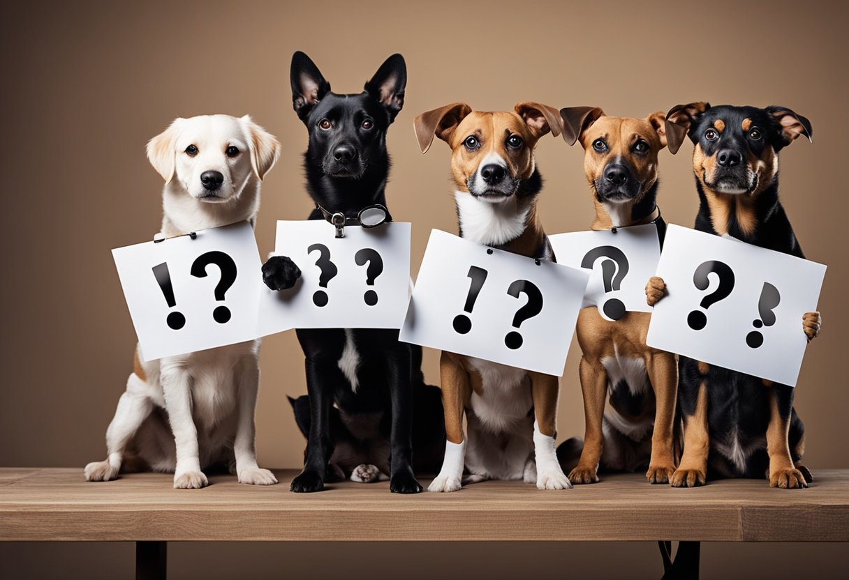 A variety of dog breeds lined up with question marks above their heads. A person holding a microphone and a clipboard stands ready to ask the quiz questions