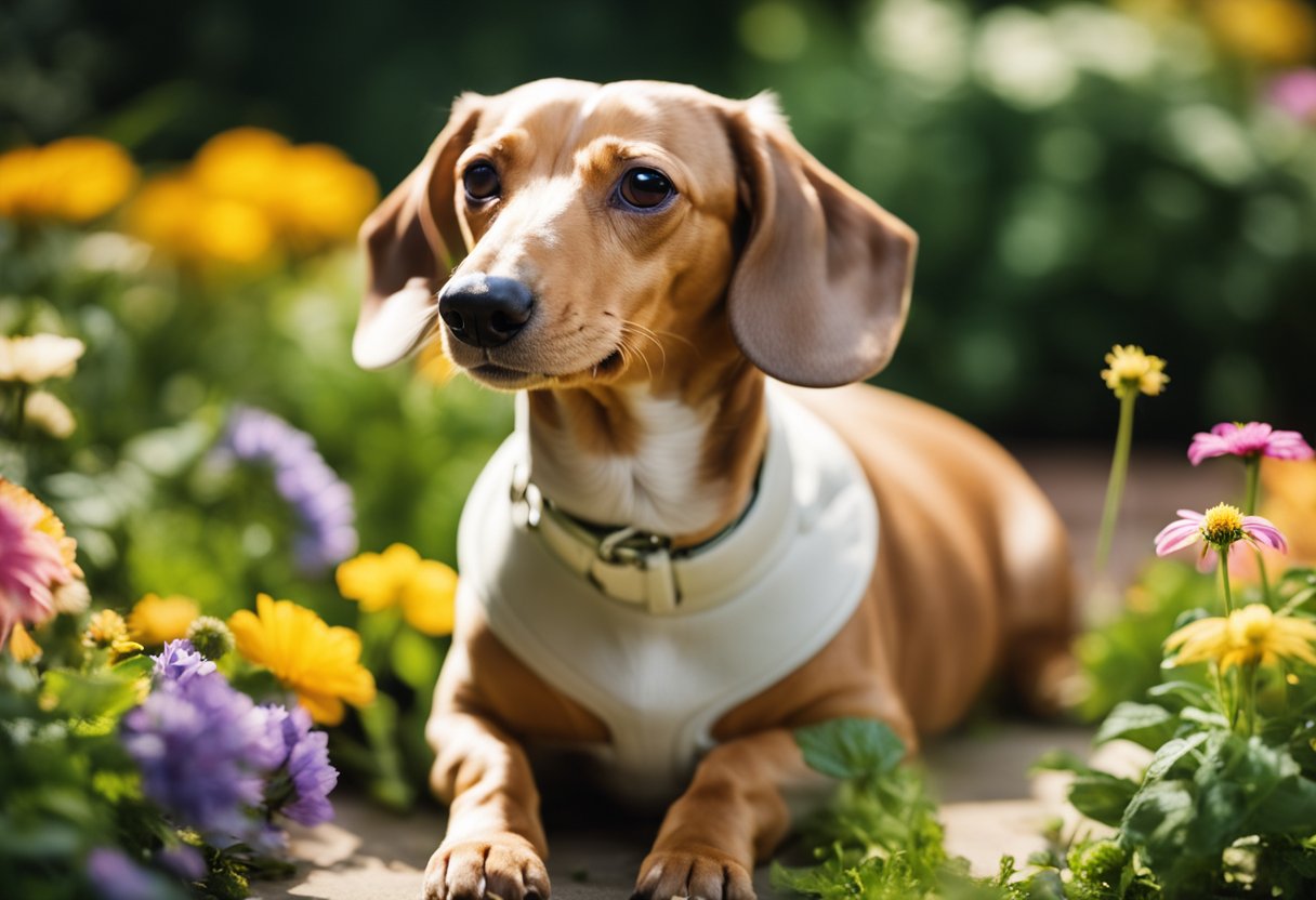 A smooth cream dachshund lounges in a sunlit garden, surrounded by colorful flowers and lush greenery