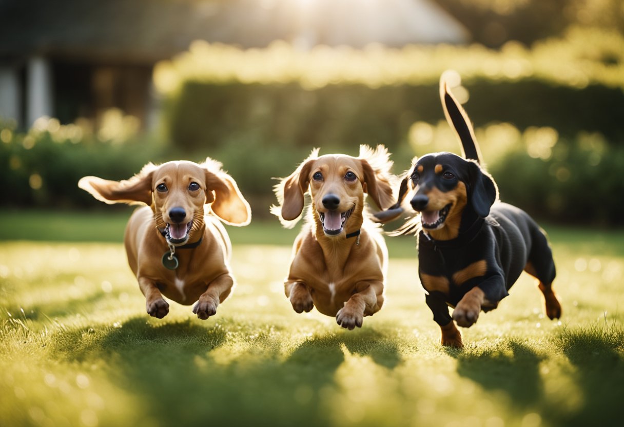 Two smooth cream dachshunds playfully chasing each other in a sunlit garden