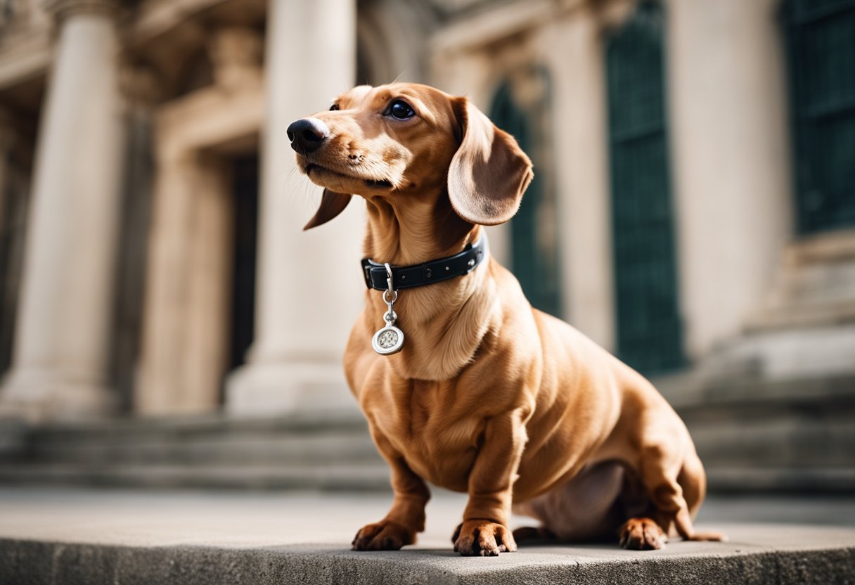 A smooth cream dachshund stands proudly in front of a historic building, with a sense of elegance and grace