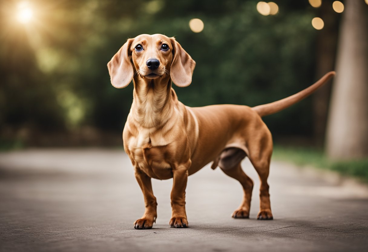 A smooth cream dachshund stands proudly, with a sleek and shiny coat, long body, and short legs