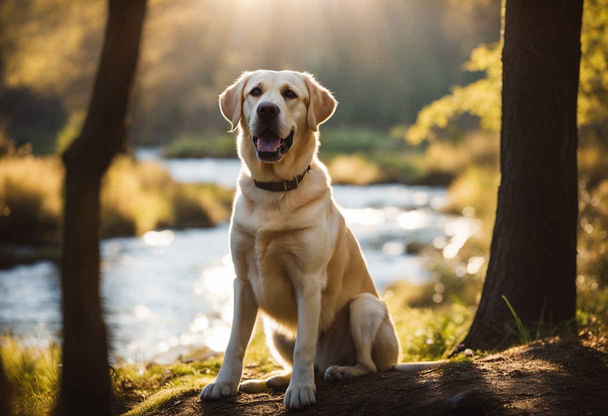 An English Labrador sits by a bubbling brook, tongue lolling, tail wagging. The sun filters through the trees, casting a warm glow on the dog's golden fur