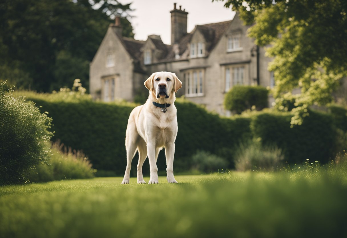 An English Labrador stands proudly next to a historic English countryside manor, surrounded by lush greenery and rolling hills