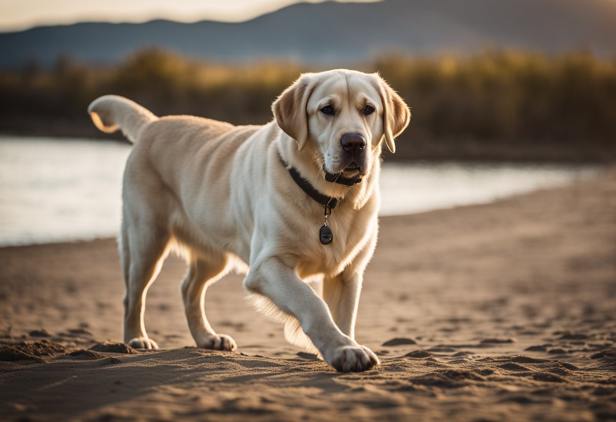 A sturdy, muscular English Labrador stands with a broad chest, strong legs, and a thick, otter-like tail. Its coat is short and dense, with a water-resistant double layer and a friendly expression