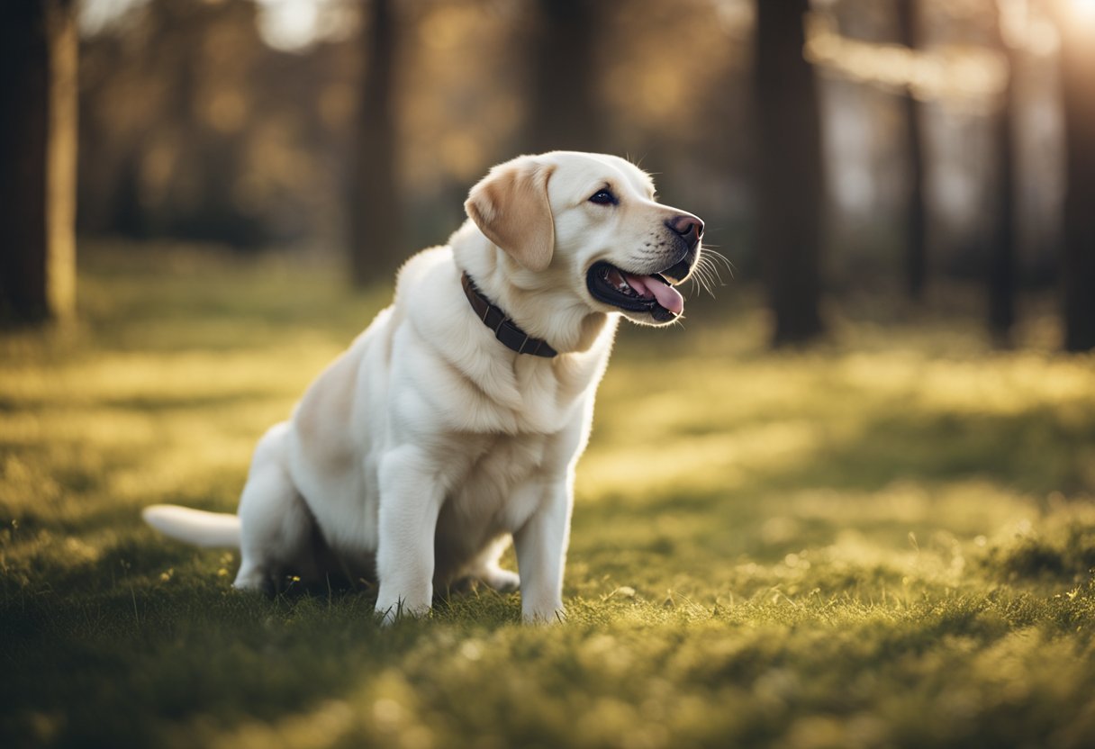 An English Labrador barking and wagging its tail eagerly