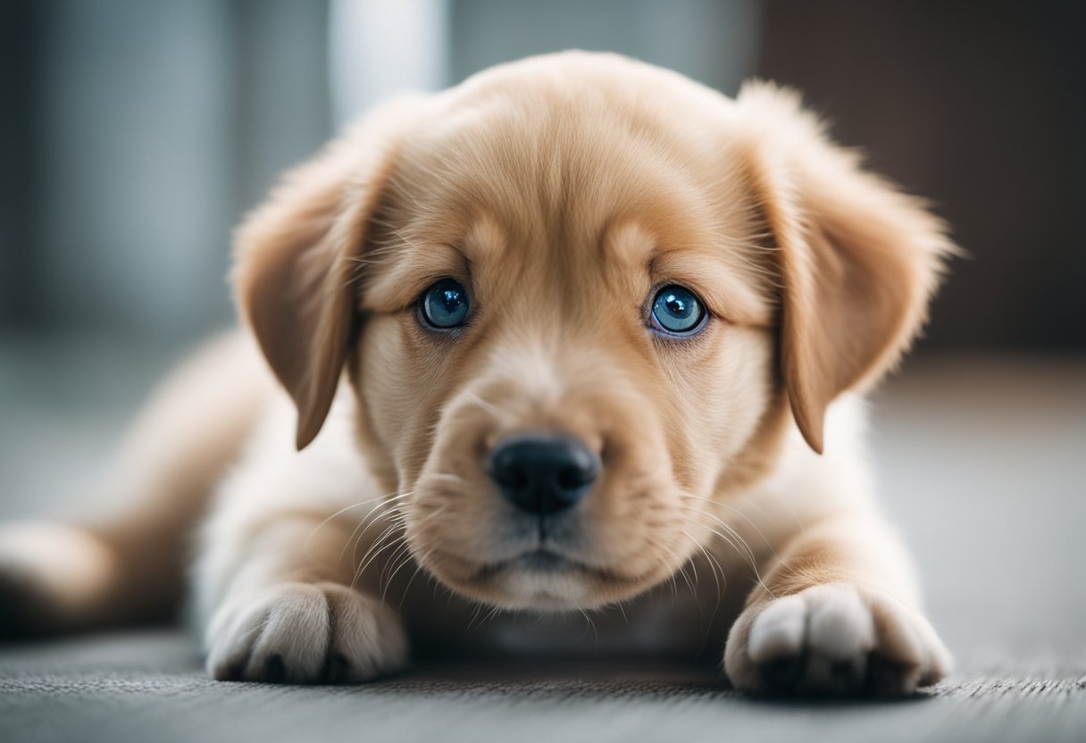 A close-up of a puppy with red eyes, looking up in confusion