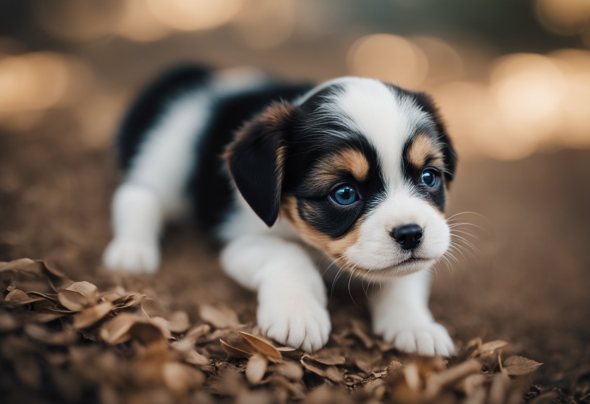 A small puppy with red, watery eyes, pawing at them in discomfort