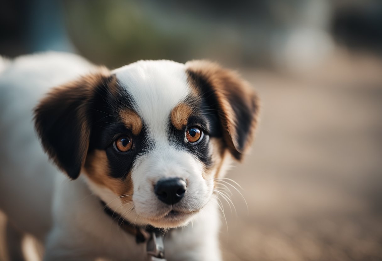 A puppy with red eyes, scratching and rubbing them, while looking uncomfortable and distressed