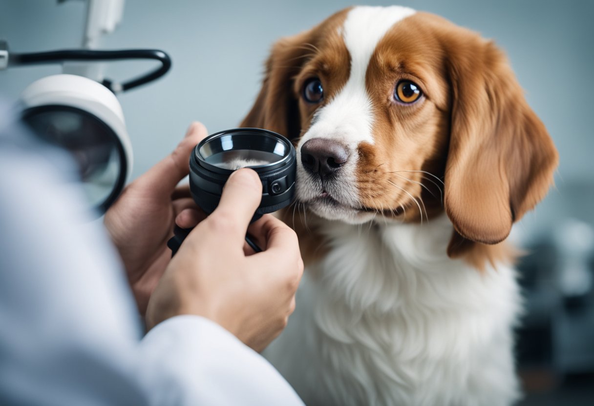 A veterinarian examines a puppy's red eyes with a magnifying lens