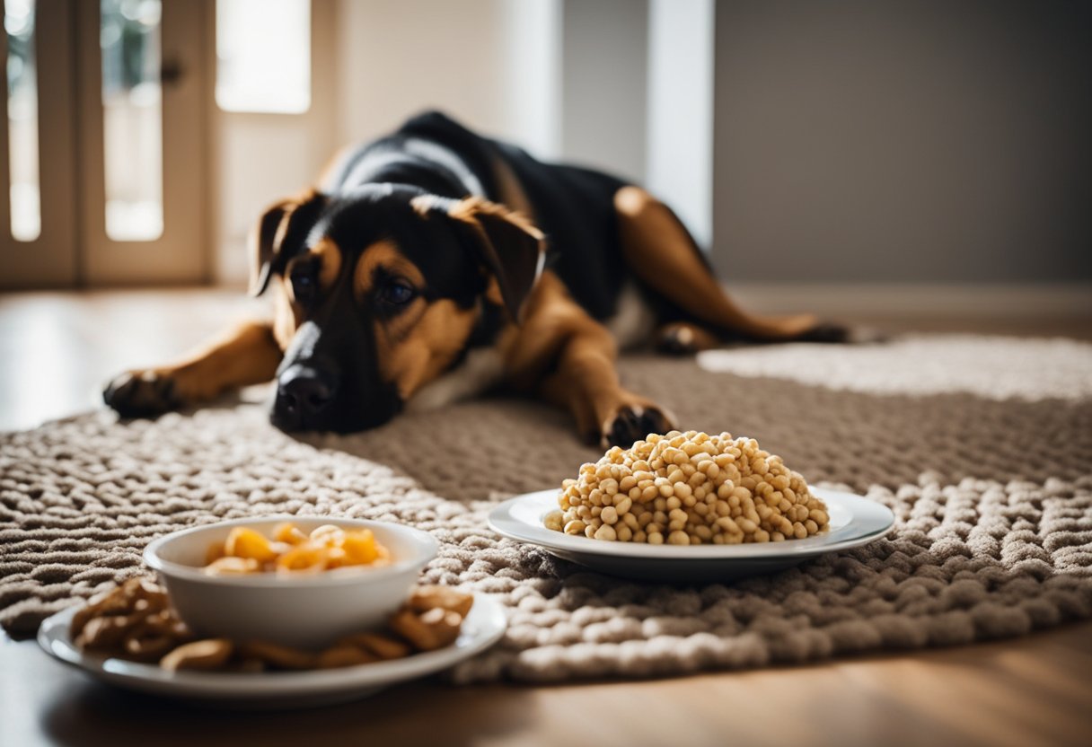 A dog lies on a cozy rug, eagerly eating from a bowl of food. A clock on the wall ticks away as the dog's digestive system processes the meal