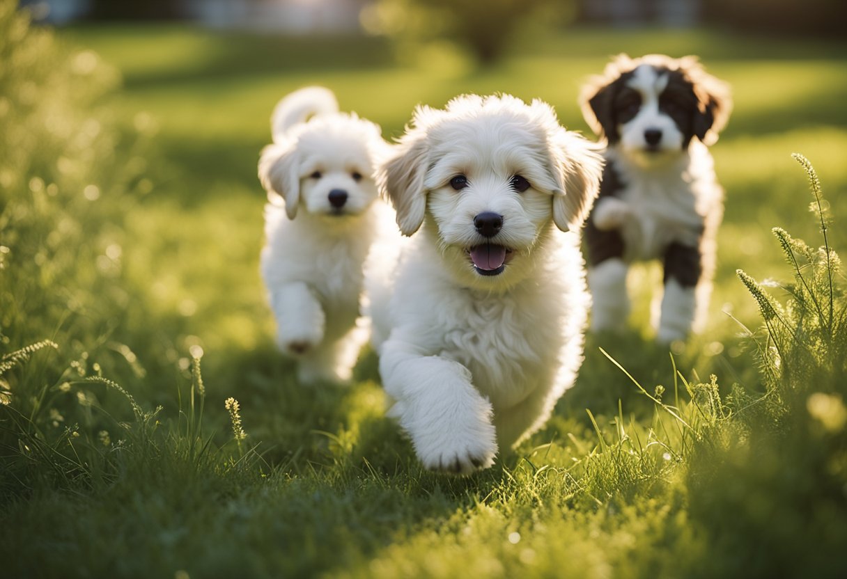 Bordoodle puppies playfully romp in a grassy yard, their fluffy coats shining in the sunlight as they eagerly interact with potential buyers