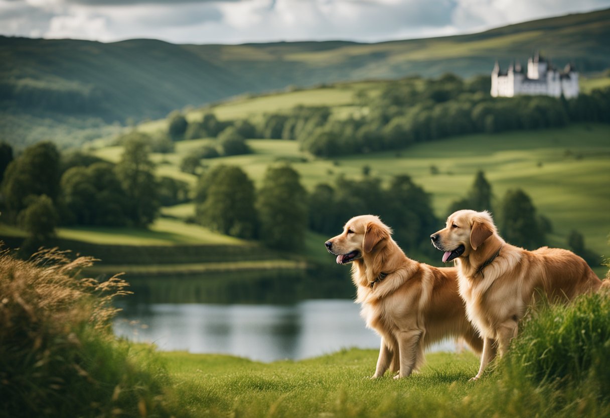 Golden retrievers originated in the Scottish Highlands. Rolling green hills and a serene lake surround the breed's ancestors, with a castle in the distance