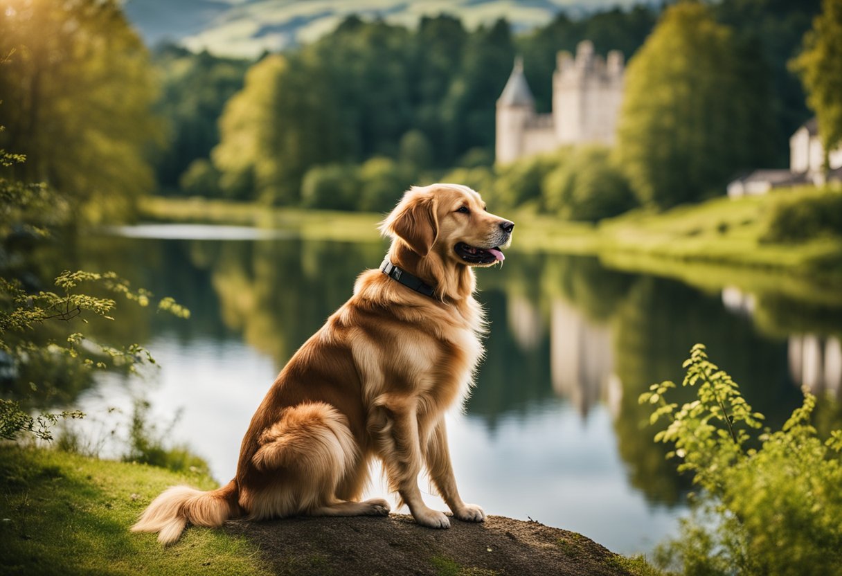 Golden Retrievers originated in Scotland. Illustrate a lush, green landscape with a serene lake, surrounded by rolling hills and a majestic castle in the background