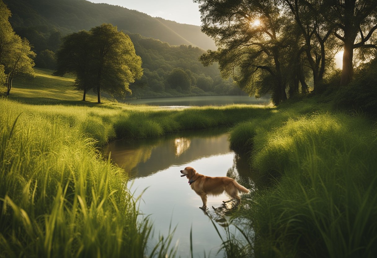 A lush green countryside with rolling hills and a serene lake, where golden retrievers roam freely and playfully interact with each other