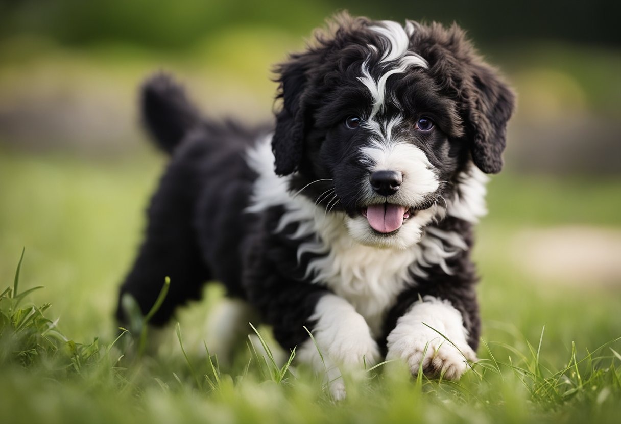 A fluffy Bordoodle puppy plays in a grassy field, its curly fur bouncing as it runs. Nearby, a litter of Bordoodle puppies for sale playfully tussle with each other