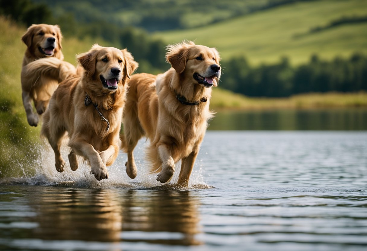 Golden retrievers evolve from Scottish hunting dogs. Scene: lush green Highlands with a loch in the background, a group of sturdy, medium-sized dogs with golden coats, retrieving game from the water