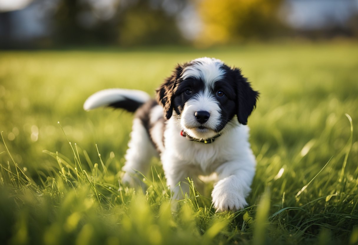 A playful bordoodle puppy stands in a grassy field, wagging its tail and looking up with eager eyes. A colorful ball lies nearby, inviting the puppy to play