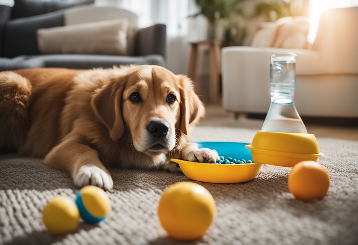 A cozy living room with dog toys scattered around, a comfortable bed, and a bowl of puppy food and water ready for the new Bordoodle puppy