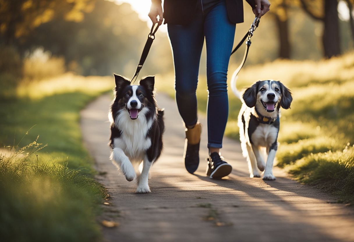 Two leashed dogs walking side by side on a path, tails wagging, ears perked up, and tongues panting