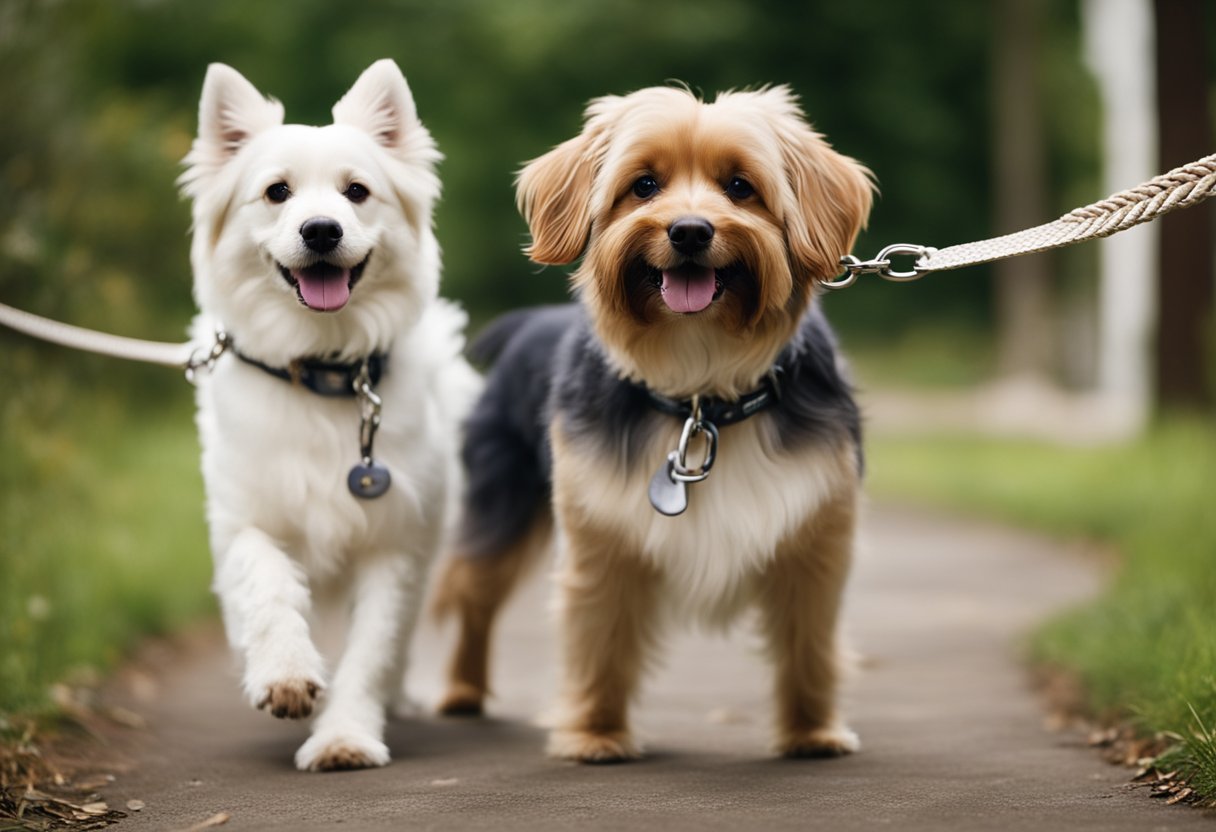 Two dogs walk side by side on leashes, their tails wagging happily. The owner holds the leashes with ease, maintaining control as the dogs enjoy their walk