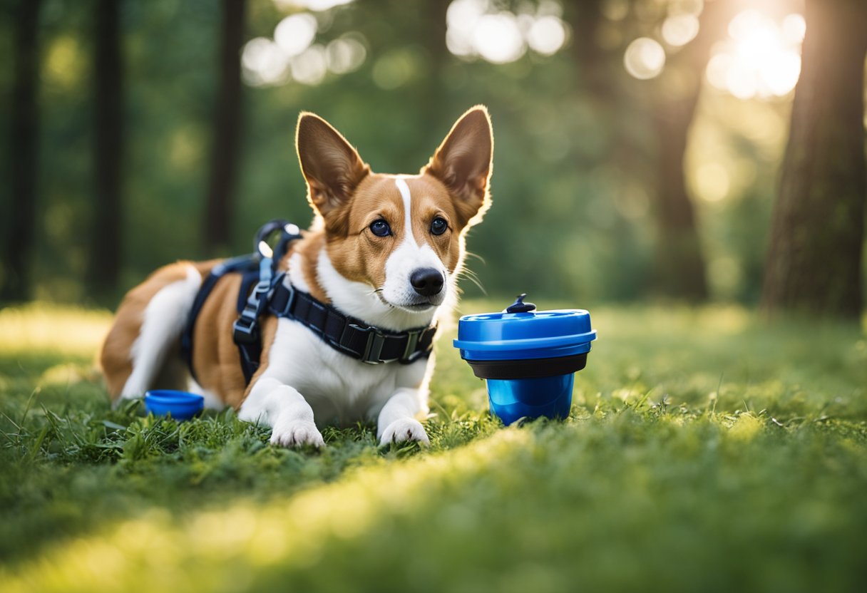 Two leashes attached to a sturdy, comfortable harness. Two collapsible water bowls and a water bottle. Poop bags and a dispenser. Reflective collars and leashes for visibility