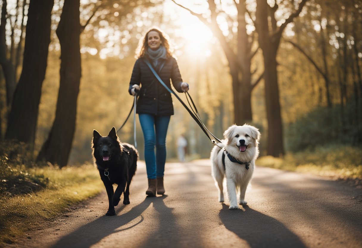 Two leashed dogs walking side by side on a clear path, with a person standing confidently behind them, holding the leashes with a relaxed grip