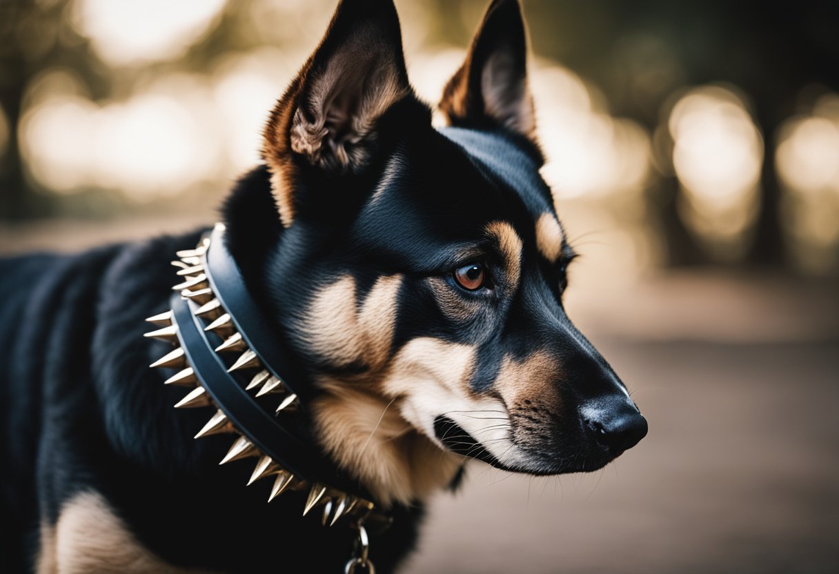 A fierce-looking dog stands proudly with a spiked collar, its intense gaze fixed forward, ready for action