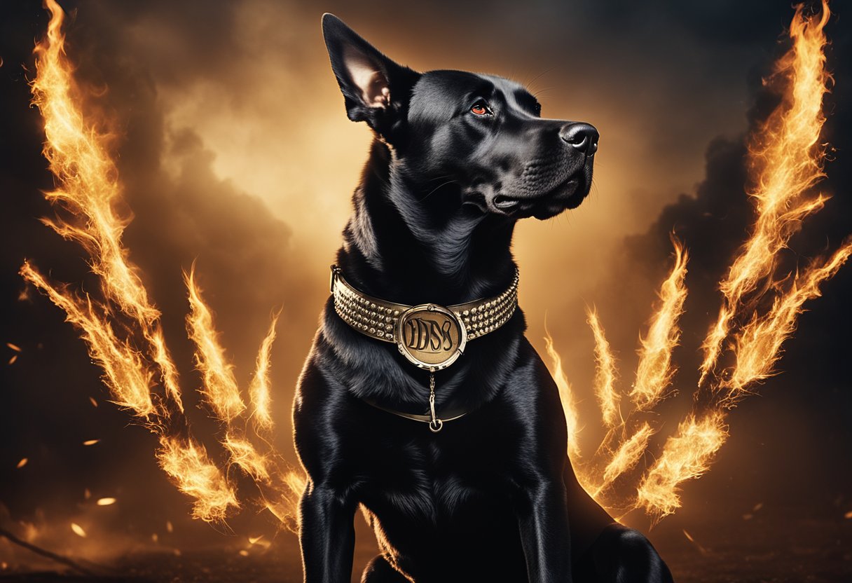 A fierce-looking dog standing proudly with a spiked collar, surrounded by flames and lightning, with the words "Badass" written in bold, edgy font above its head