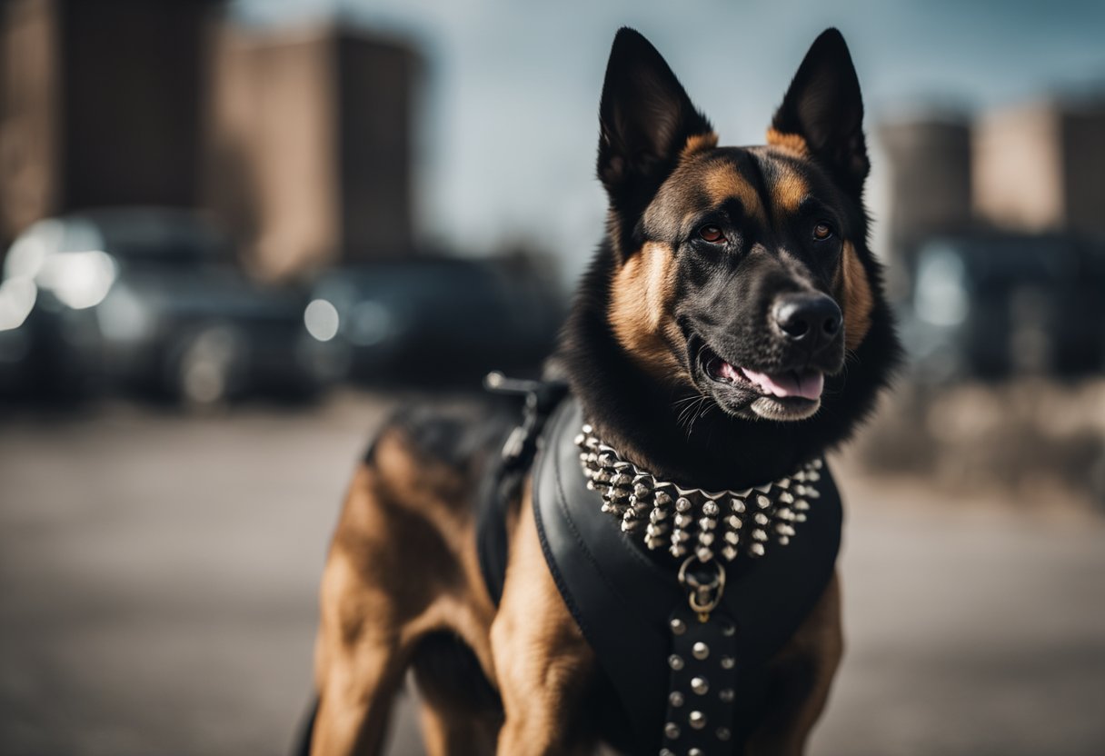 A fierce-looking dog with a spiked collar standing proudly, with a rugged background and a hint of danger in the air