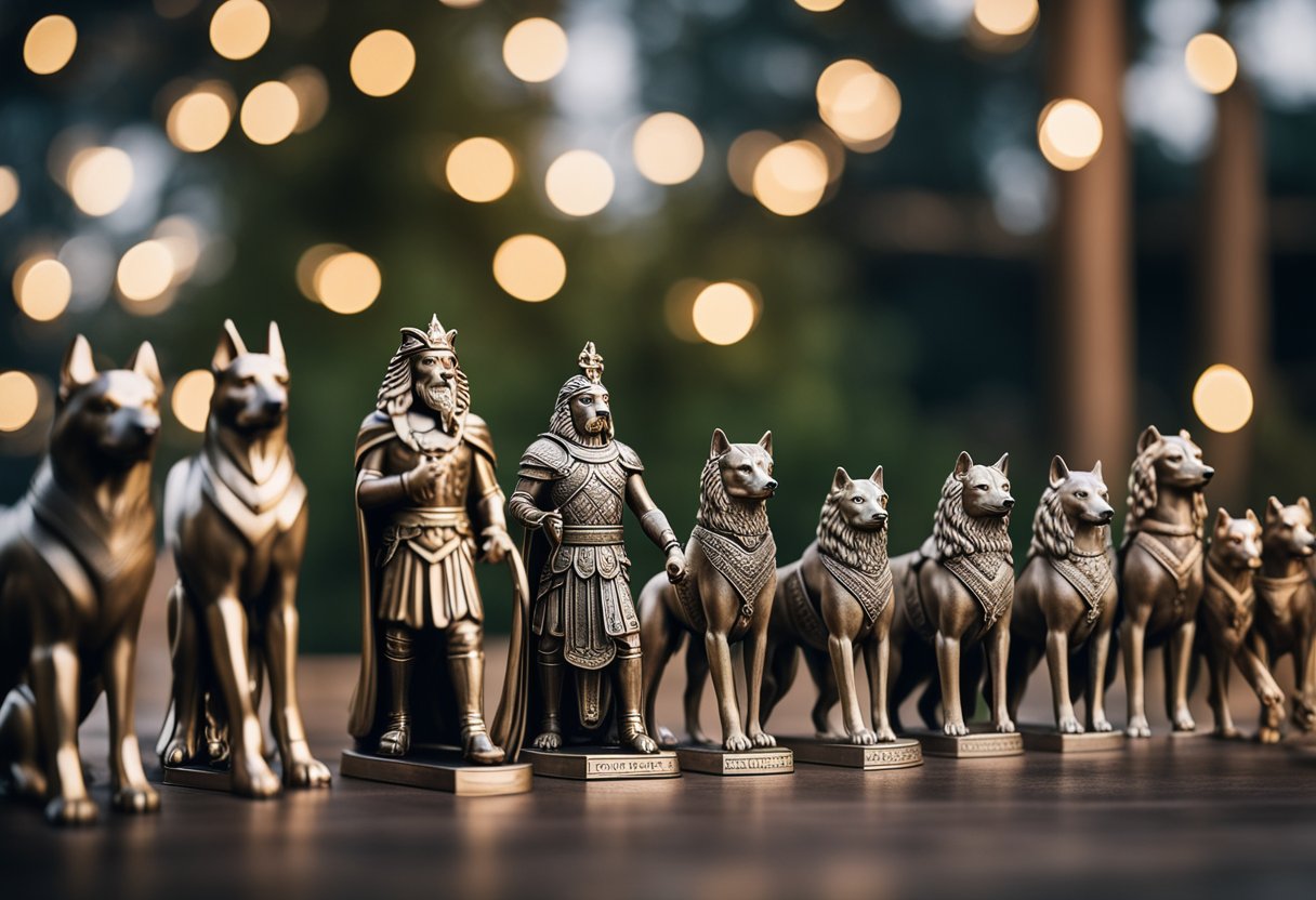 Powerful figures from history and mythology stand alongside fierce dogs, each with a name befitting their legendary status