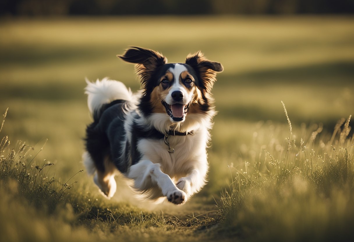 A dog running freely in an open field, obeying commands without a leash. Tail wagging, ears perked, and a happy expression on its face