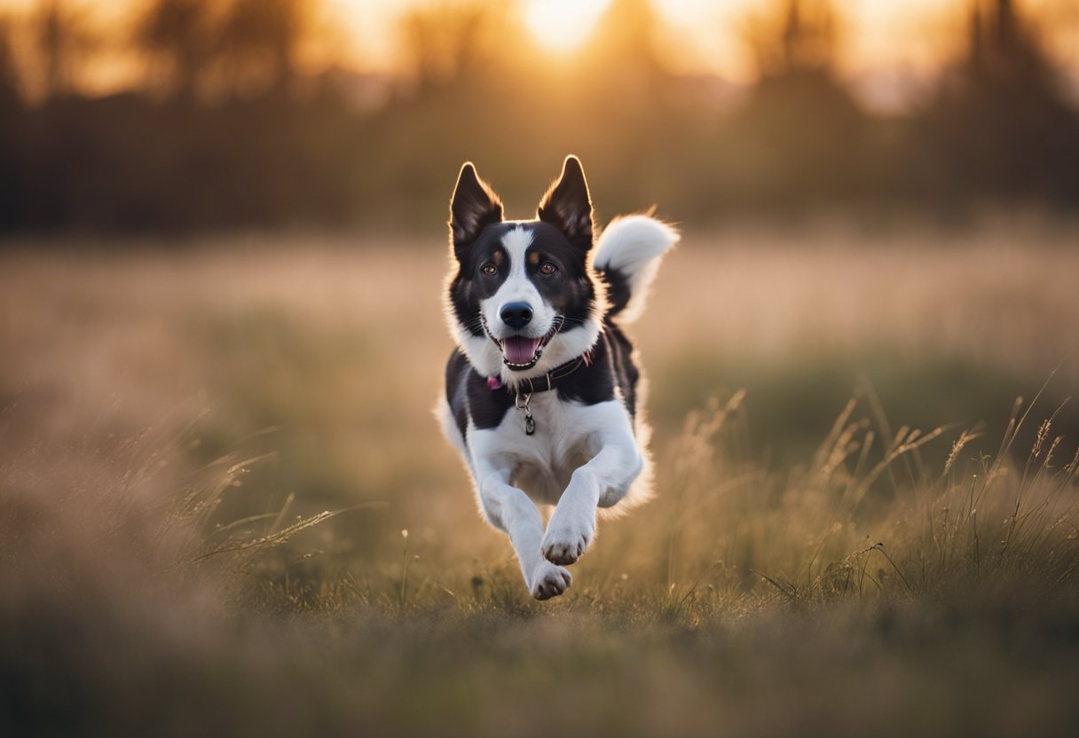 A dog running freely in an open field, responding to commands and staying close to its owner during off-leash training