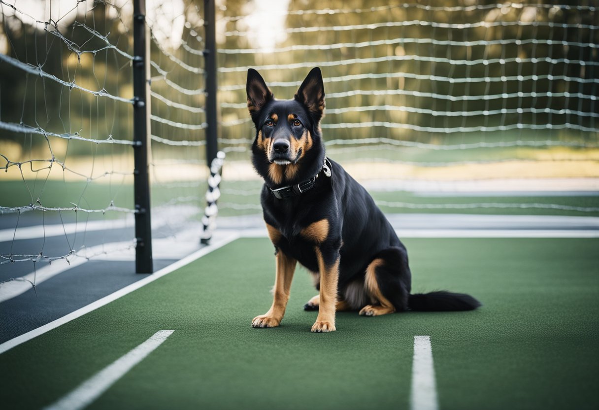 A dog training area with secure fencing, non-slip flooring, and clear signage for off-leash training. Safety equipment such as first aid kits and emergency contact information prominently displayed