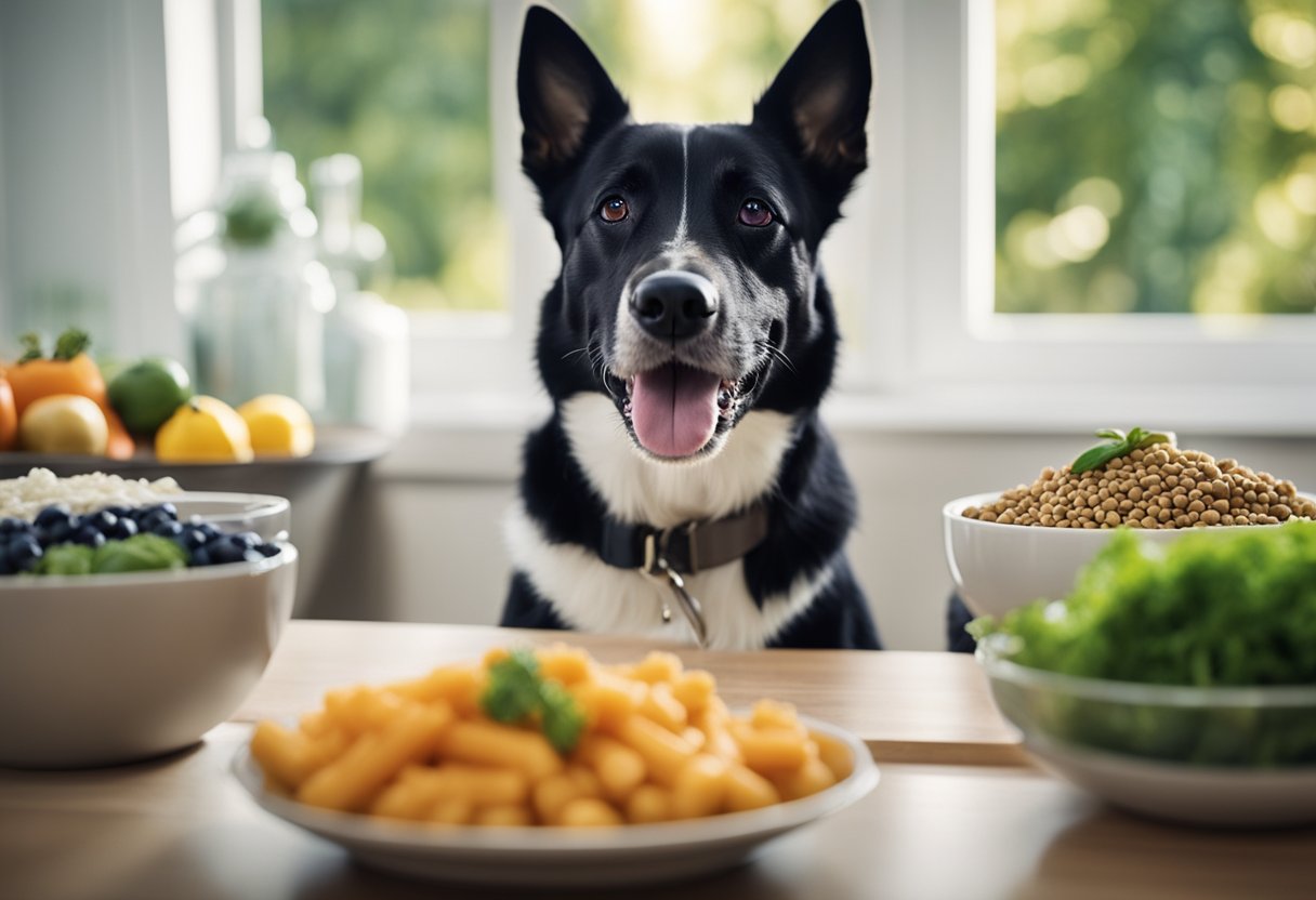 A happy dog with a healthy gut, surrounded by bowls of probiotic-rich food and water. Bright colors and a lively atmosphere