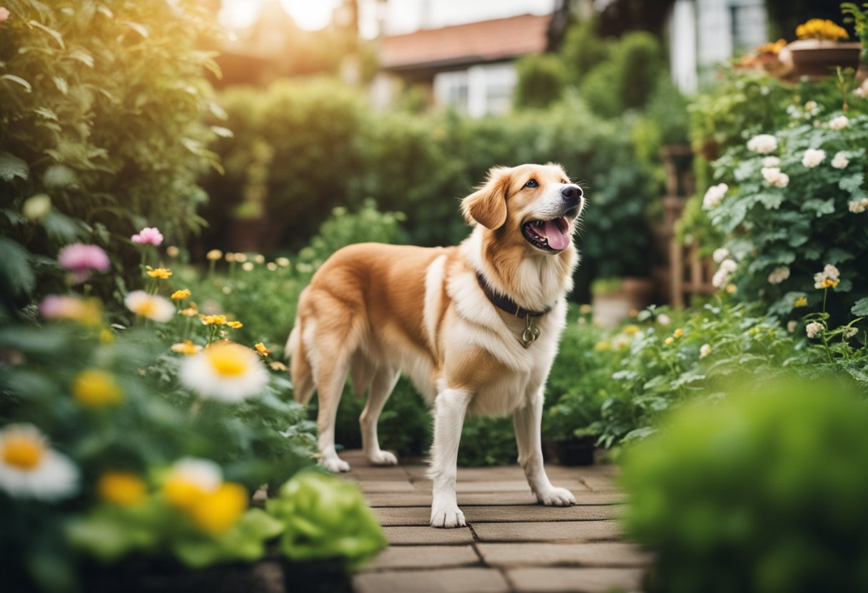 A happy dog with a healthy gut, surrounded by probiotic-rich food and a vibrant, flourishing garden