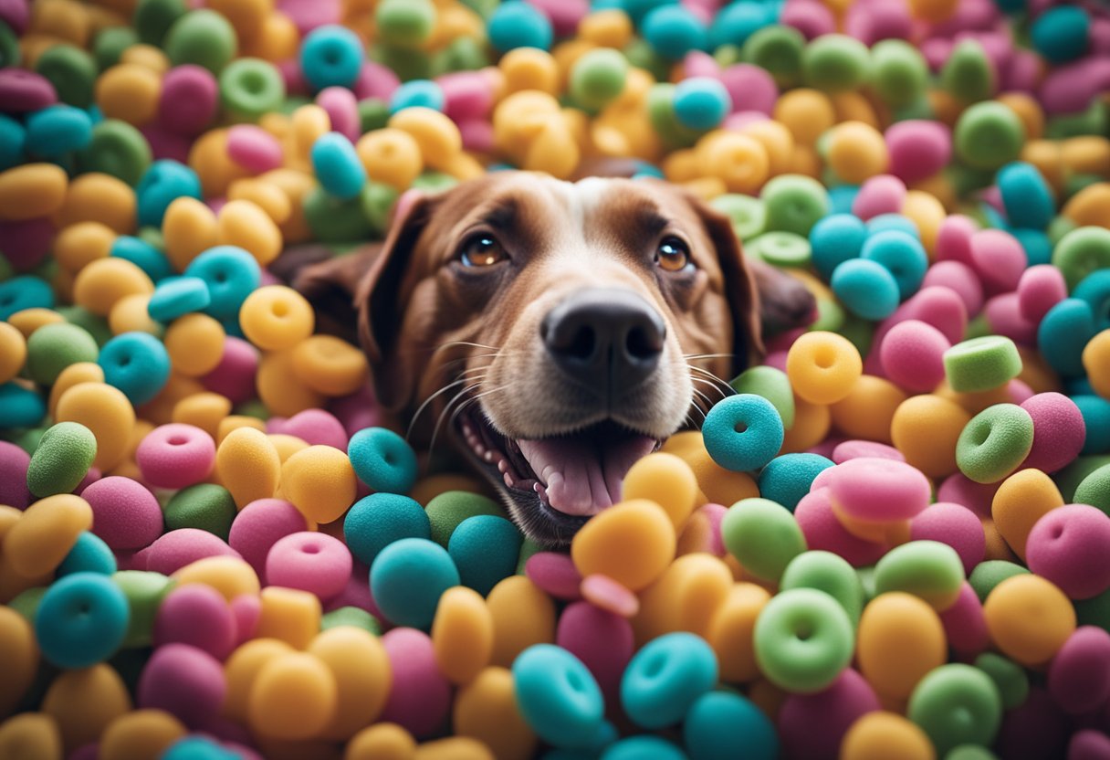 A happy dog with a healthy gut, surrounded by vibrant and diverse bacteria, representing the benefits of probiotics for canine health