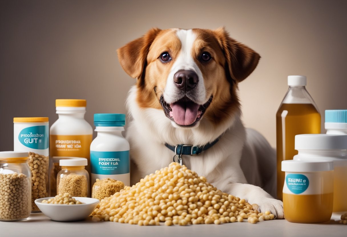 A happy dog with a shiny coat and wagging tail, surrounded by various types of probiotics for dogs, promoting gut health