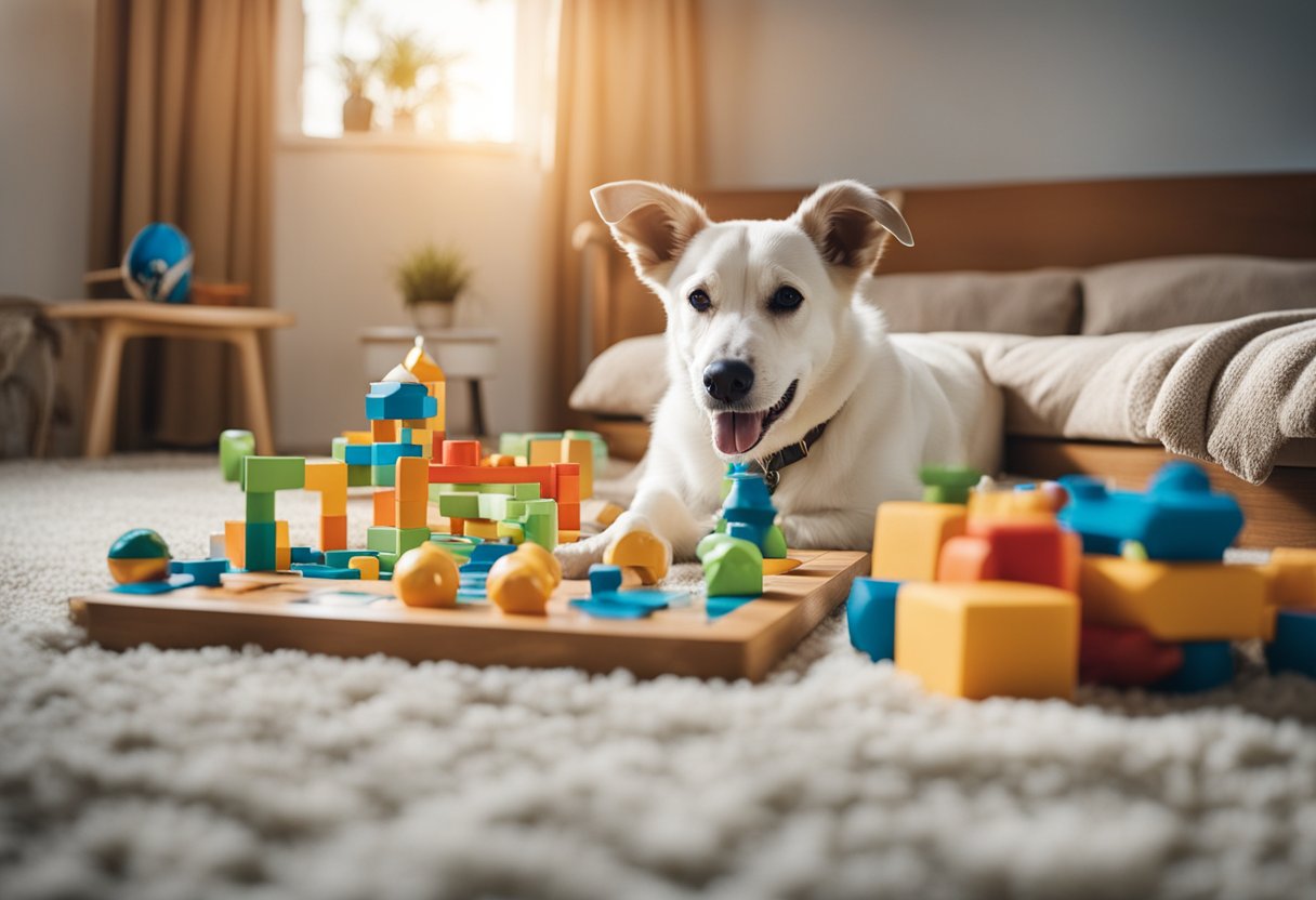 A dog playing with a variety of toys and puzzles in a spacious, well-lit room with comfortable bedding and access to water