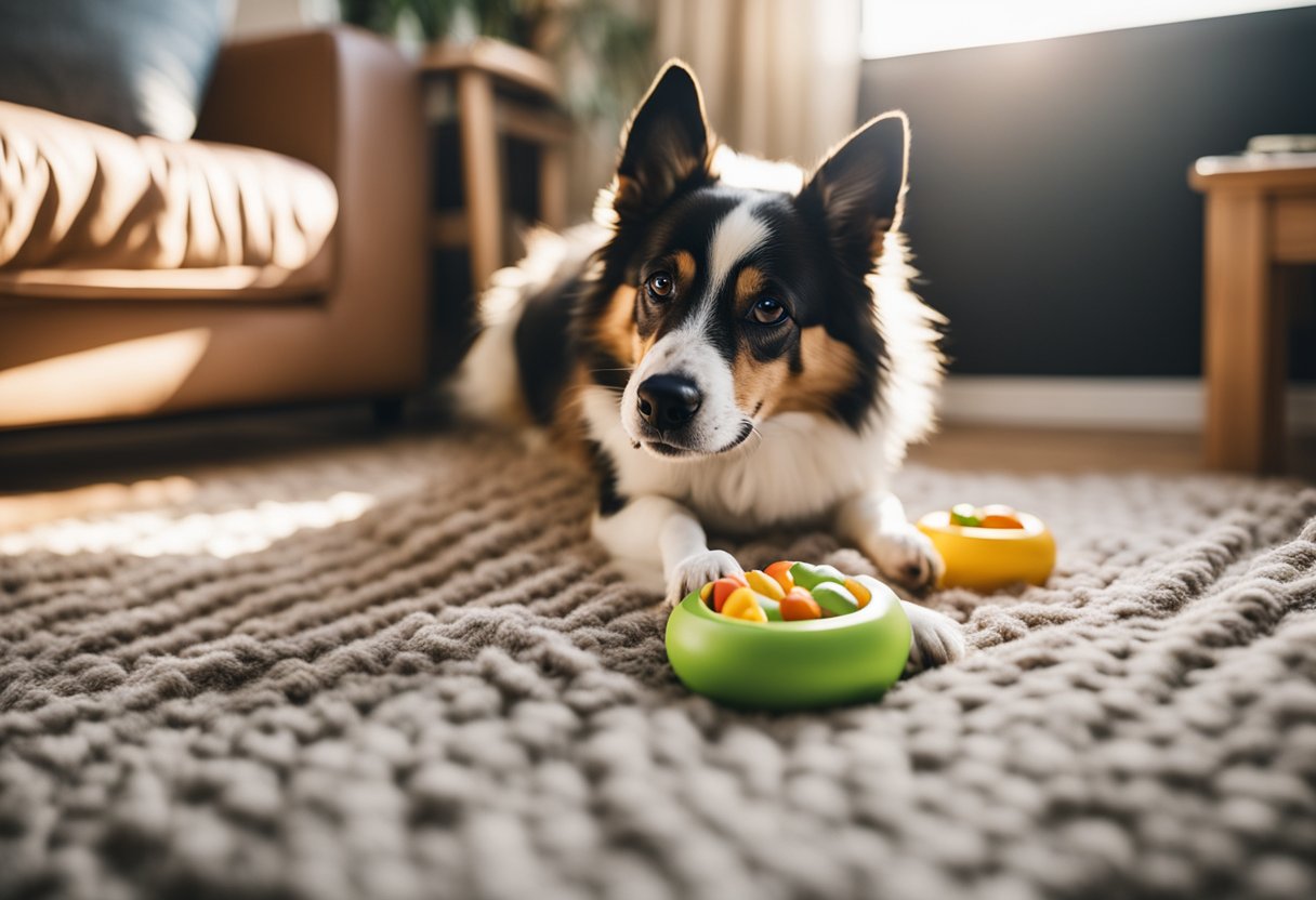 A dog playing with interactive toys in a cozy, sunlit room with a comfortable bed and access to water and snacks