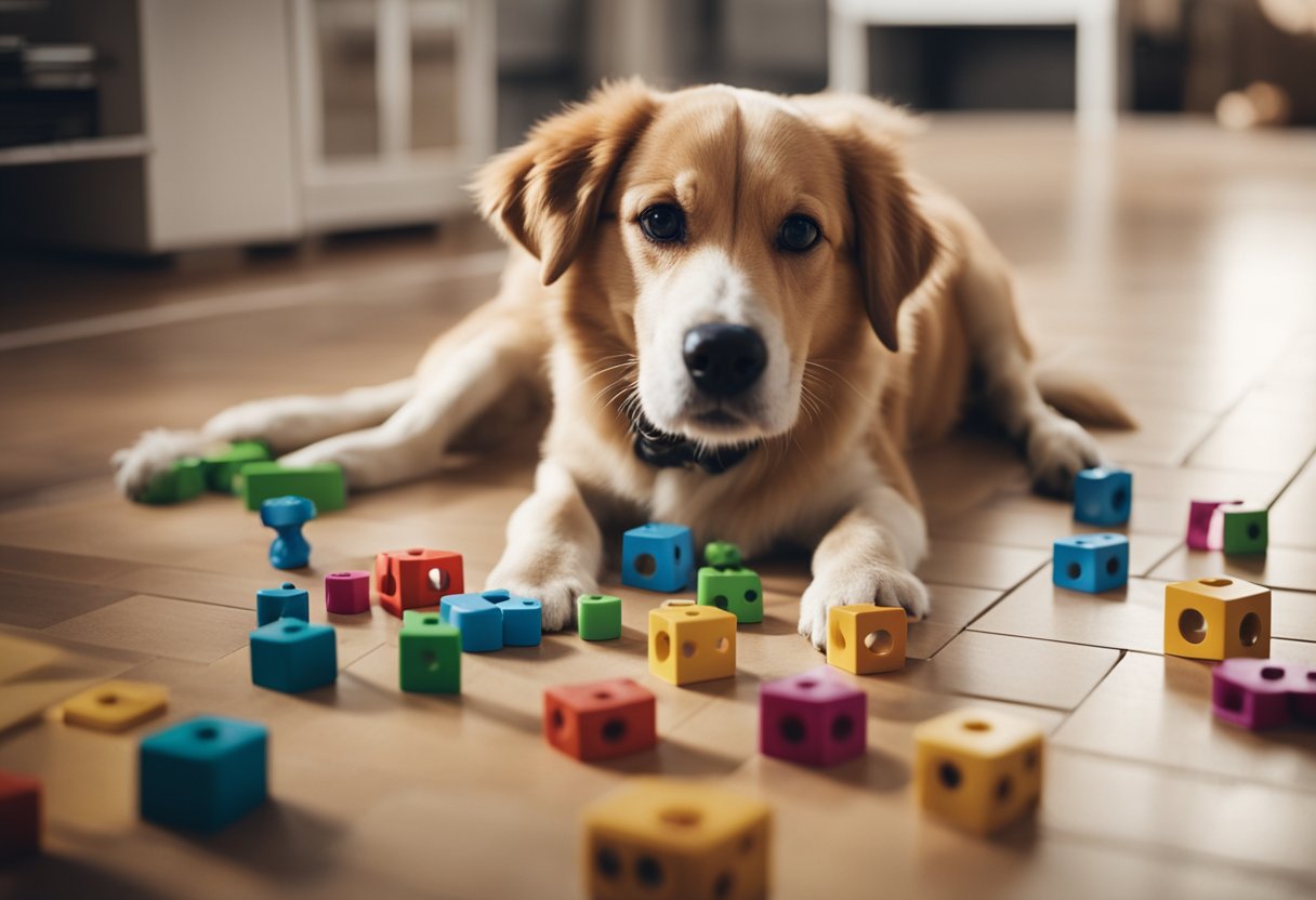 A variety of interactive toys and puzzles scattered on the floor, with a dog happily playing and exploring them while its owner is at work