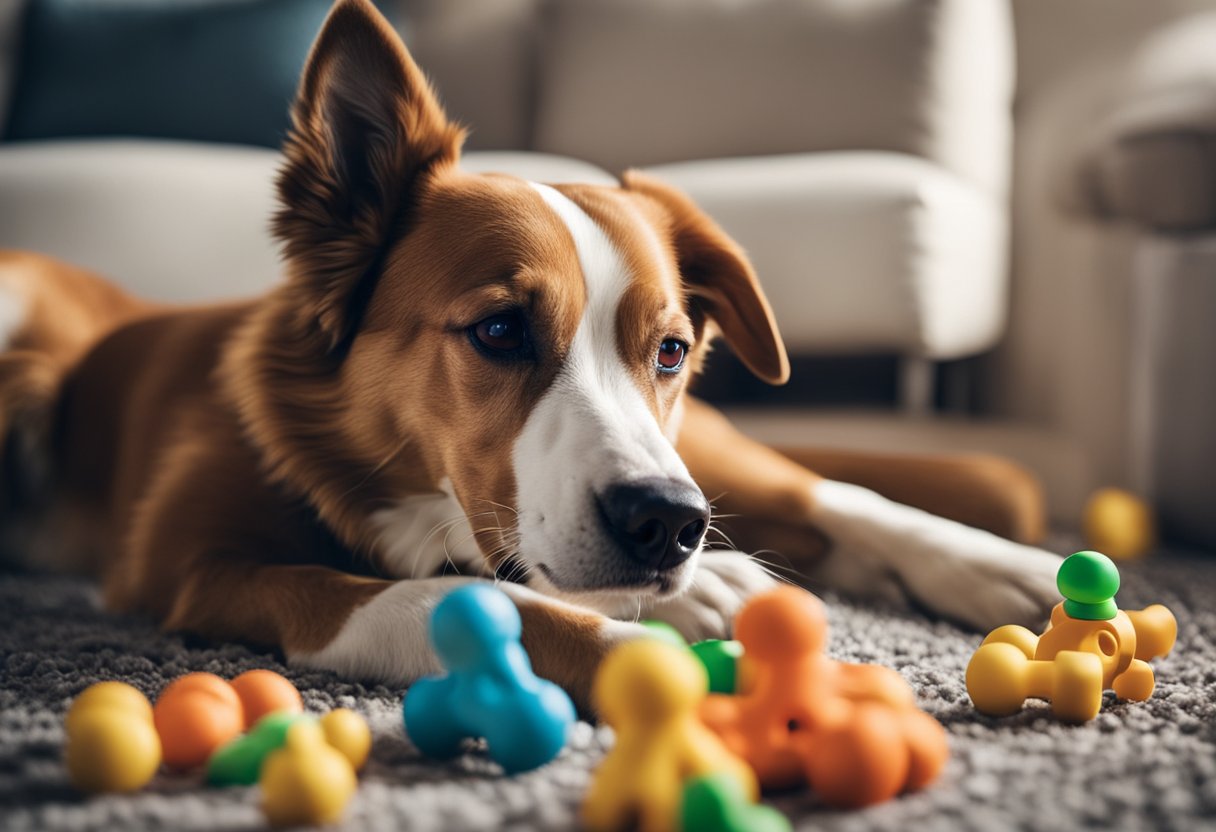 A dog with toys and puzzles, a treat-dispensing toy, and a Kong filled with peanut butter