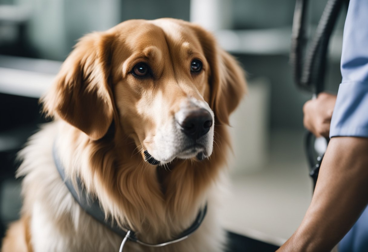 A dog with a concerned expression sits in a veterinary office, while a veterinarian administers a covid test