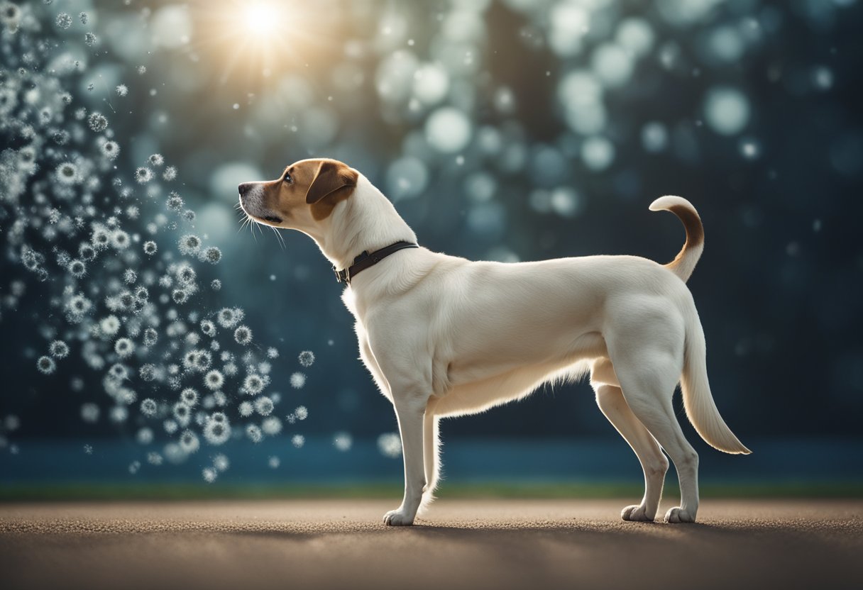 A dog stands alert, sniffing the air, with a cloud of virus particles floating nearby