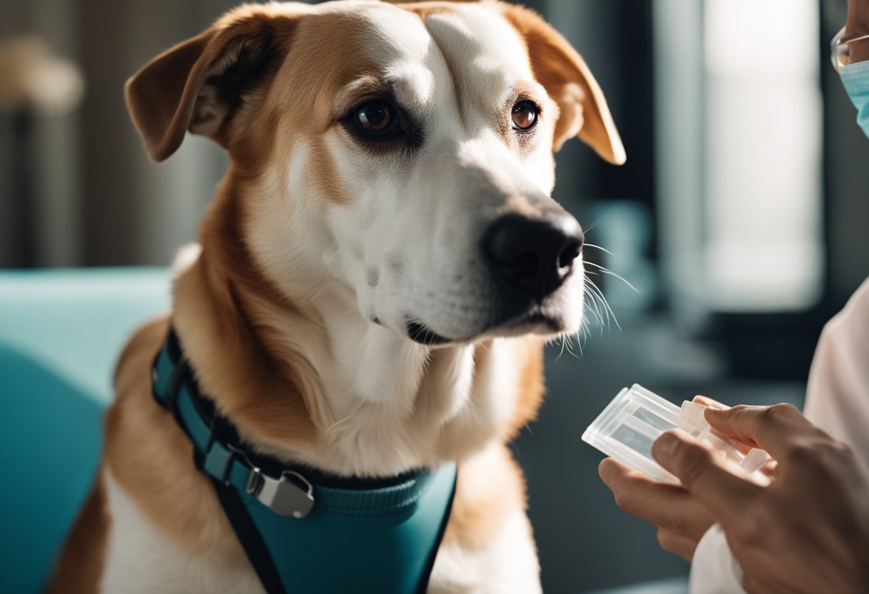 A dog with a concerned expression, sitting next to a person wearing a face mask and holding a COVID-19 test kit